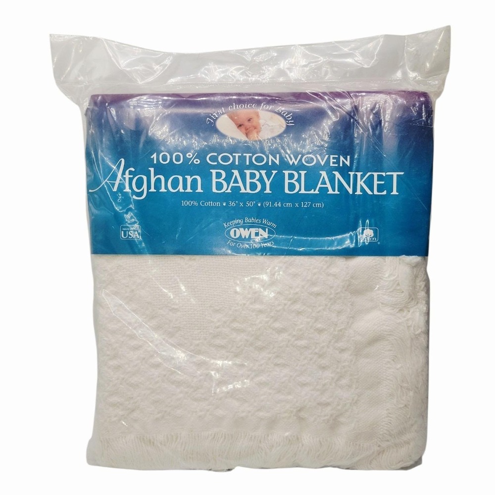 Vintage Owen 100% Cotton Woven Afghan Baby Blanket White 36x50 New Sealed